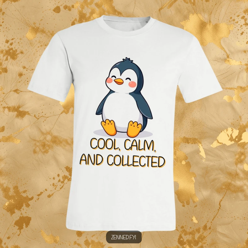 Funny t-shirt depicting a proud penguin in a perfectly balanced meditative posture, symbolizing inner peace and humorous serenity.