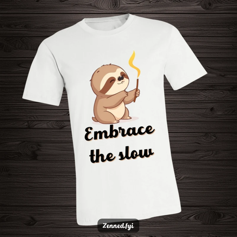 Funny sloth slowly reaching for a glowing incense stick on a t-shirt, embodying chill vibes and humor for a funny gift.