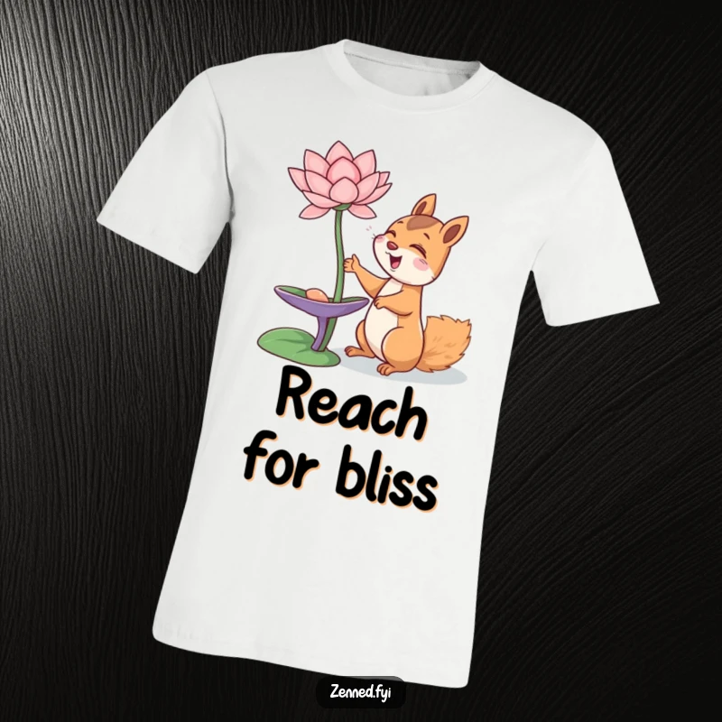 Funny giggling squirrel reaching out towards a floating lotus flower, expressing pure joy, funny gift.