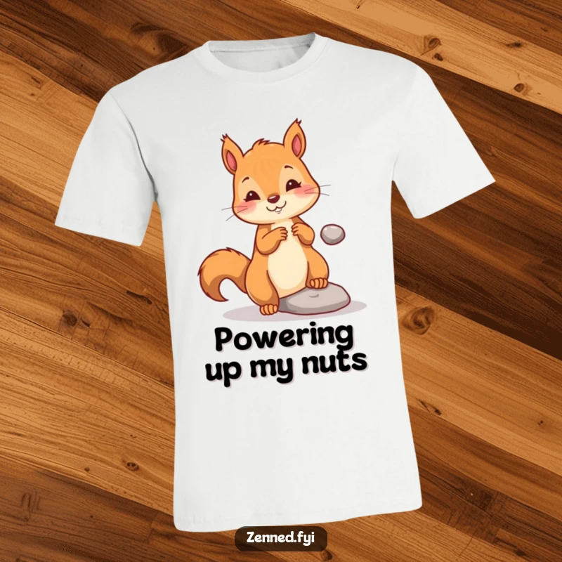 Funny t-shirt featuring a playful squirrel gently levitating a tiny pebble, illustrating a moment of whimsical, squirrel-powered magic.