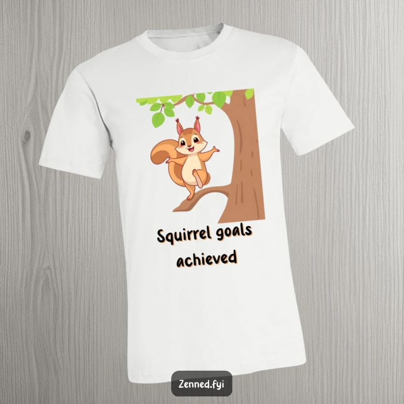 Funny cheerful squirrel balancing expertly on one foot in a tree pose on a t-shirt, radiating playful and energetic humor.