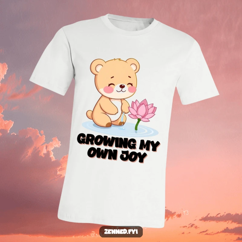 Funny Bear Cub T-Shirt: Giggling cub watering a small lotus flower, embodying sweetness and a love for gardening.