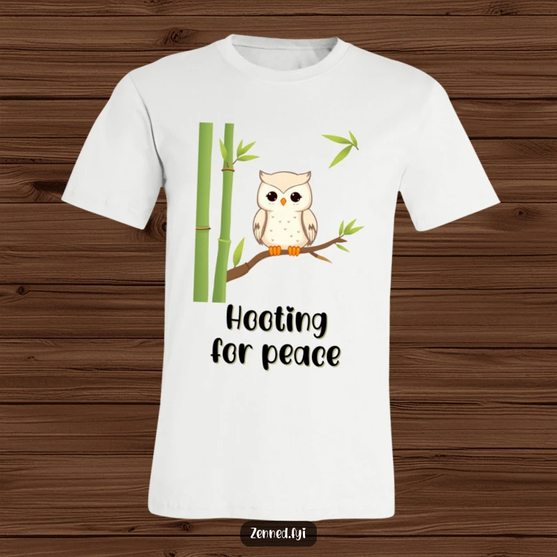Funny T-Shirt: A tranquil owl sits peacefully on a bamboo stalk, embodying hilarious zen and wisdom.