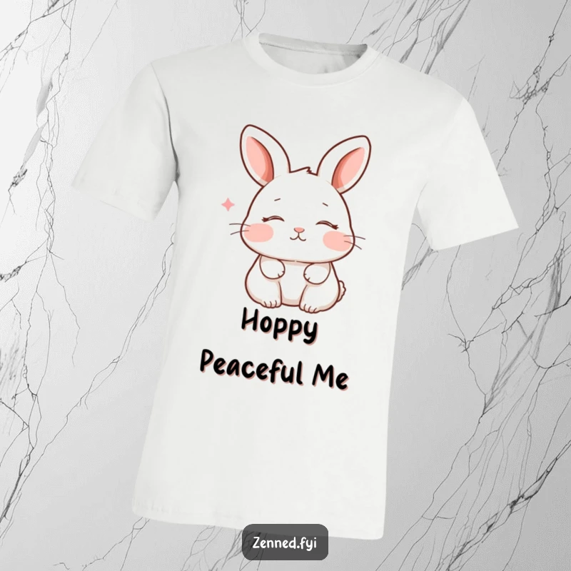 Funny peaceful rabbit with closed eyes and a subtle smile, breathing calmly on a t-shirt, radiating serene humor.