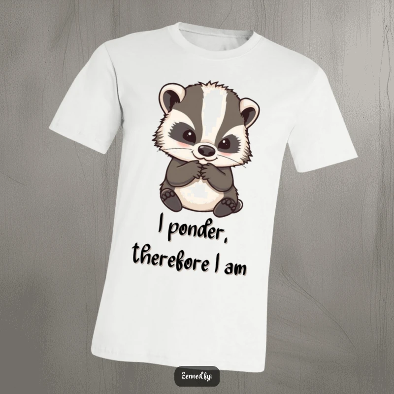 Funny t-shirt featuring a wise badger character thoughtfully stroking its chin in deep contemplation, a humorous graphic tee.