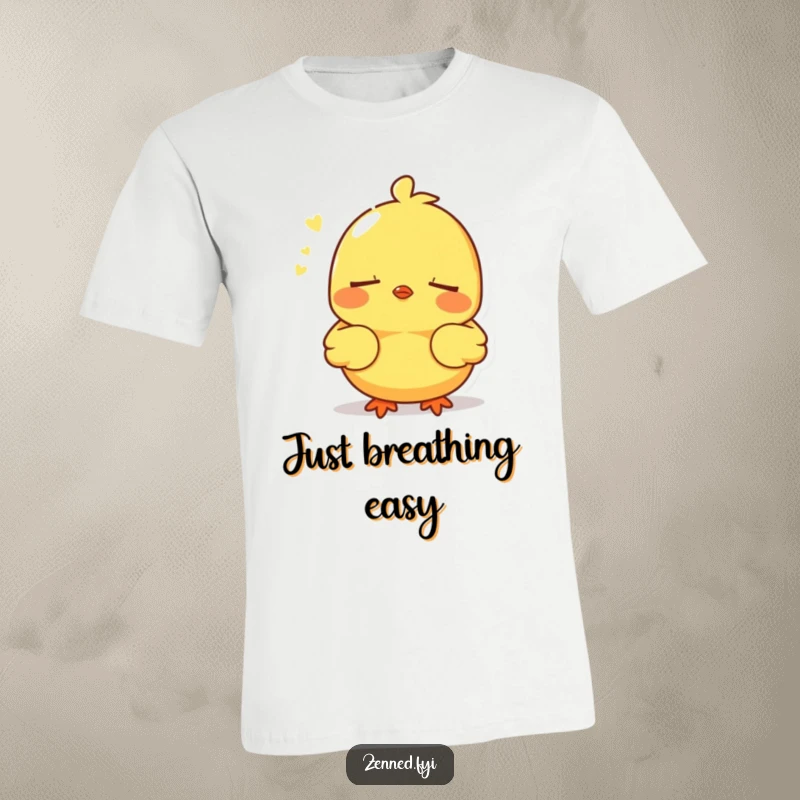 Funny yellow chick breathing deeply with closed eyes and serene expression, peaceful character, ideal funny gift.