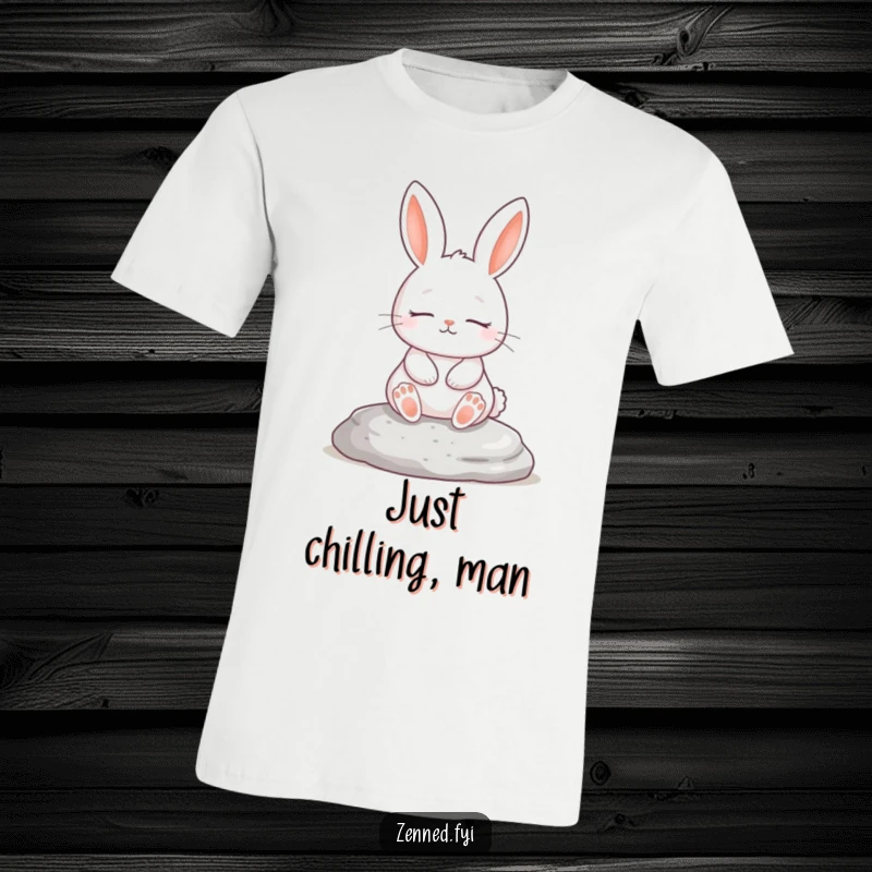 Funny white rabbit meditating peacefully on a rock, calm character, ideal funny gift for relaxation.