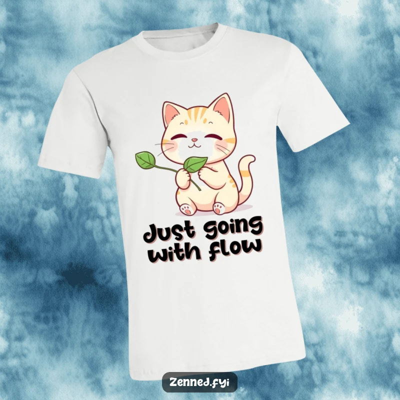 Funny kawaii cat in a meadow, gently letting go of a floating leaf, exuding cuteness and a funny, peaceful vibe.