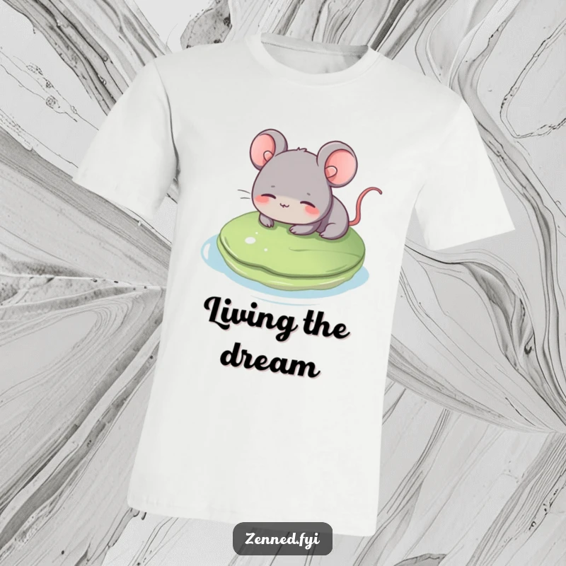 Funny grey mouse t-shirt, gentle smile, floating serenely on a lily pad, relaxed and peaceful, ideal for casual wear, a fun funny gift.
