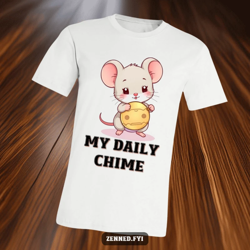 Funny t-shirt with a playful mouse character tapping a gong with a mallet, illustrating a moment of joyous noise.