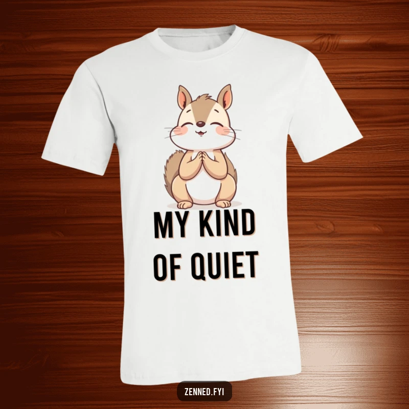 Funny T-Shirt: A meditating squirrel with hands clasped in prayer, looking upwards, conveying peacefulness and a touch of humor.