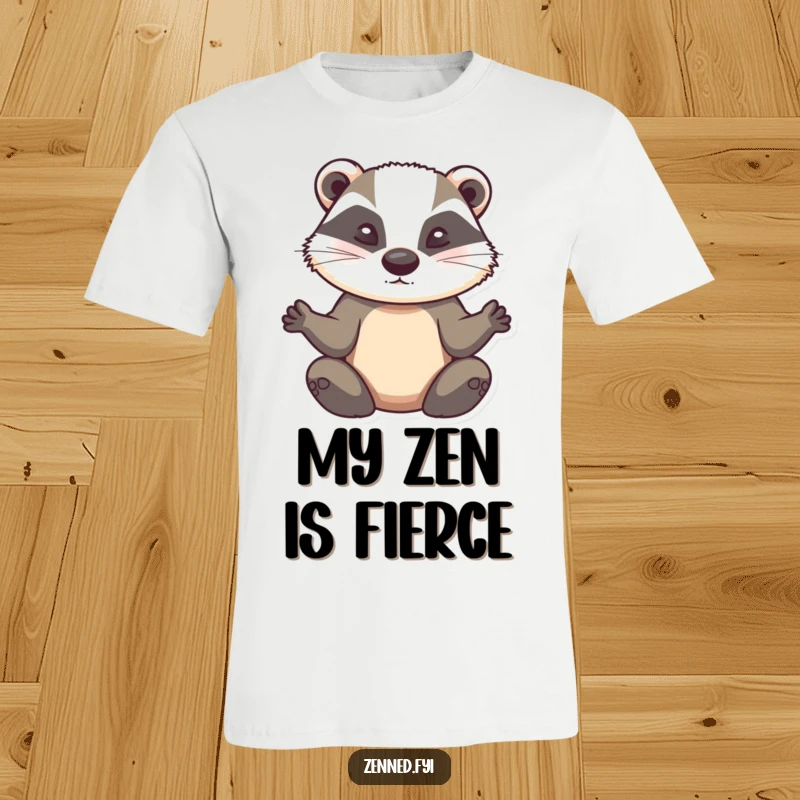 Funny determined badger t-shirt, meditating with serene, unwavering gaze, symbolizing zen and humor, hilarious apparel.