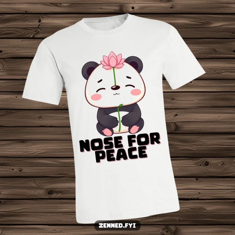 Funny panda balancing a delicate lotus flower on its nose on a t-shirt, a harmonious blend of peace and humor for a funny gift.
