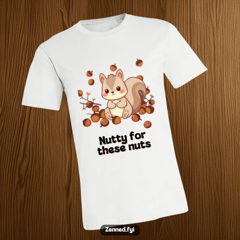 Funny Kawaii Squirrel T-Shirt: A cute squirrel character playfully sitting amidst scattered acorns, perfect for casual wear and expressing joy.