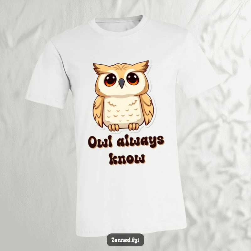 Funny calm owl with a look of deep understanding, gazing upwards on a t-shirt, radiating intellectual and humorous wisdom.