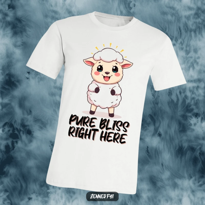 Funny t-shirt showcasing a joyful sheep character with a glowing halo, exuding heavenly happiness and gentle humor.