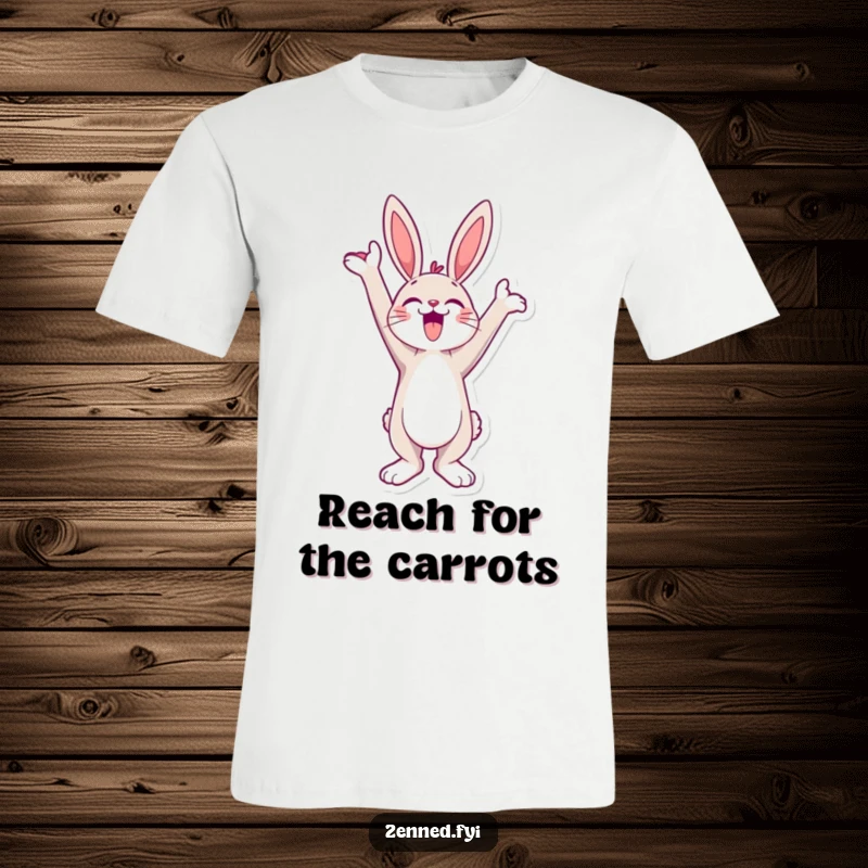 Funny T-Shirt with a jubilant bunny character stretching towards the sky, embodying hilarious happy energy.