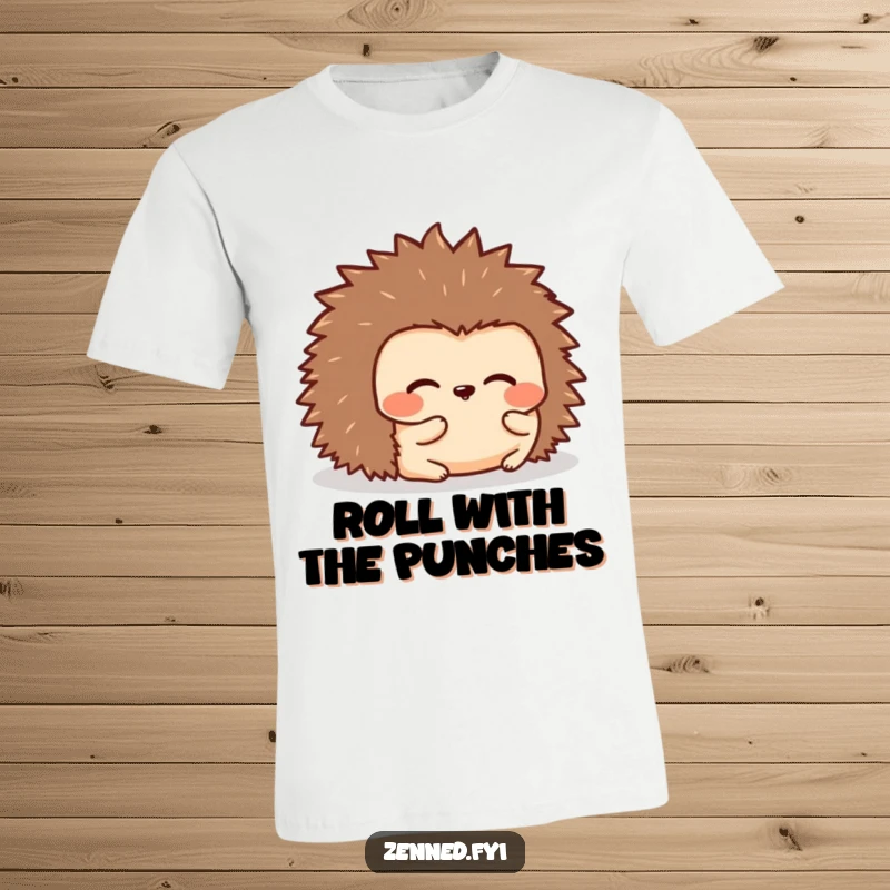 Funny t-shirt displaying a kawaii hedgehog rolled into a peaceful, rounded shape, promoting comfort and humor with adorable appeal.