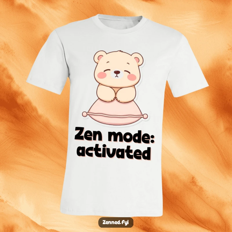 Funny t-shirt showcasing a serene bear floating effortlessly above a small cushion, radiating peace and humor.