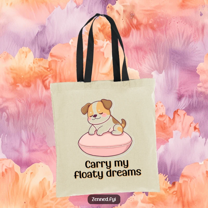 Funny dog cushion tote bag depicting a happy dog floating peacefully above a round cushion, ready for adventure.