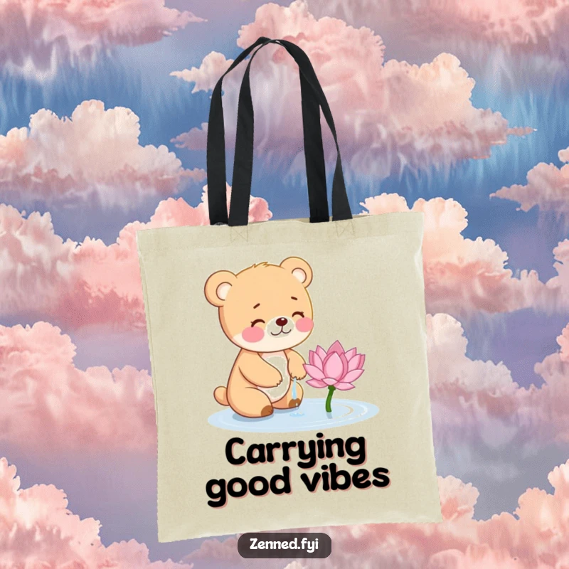 Funny Bear Cub Tote Bag: Adorable cub watering a small lotus flower, ideal for carrying daily essentials with a smile.