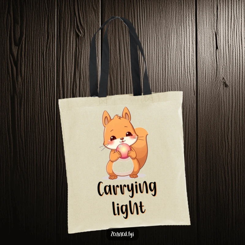 Funny tote bag with a content squirrel holding a glowing orb, symbolizing peace and a touch of everyday magic.