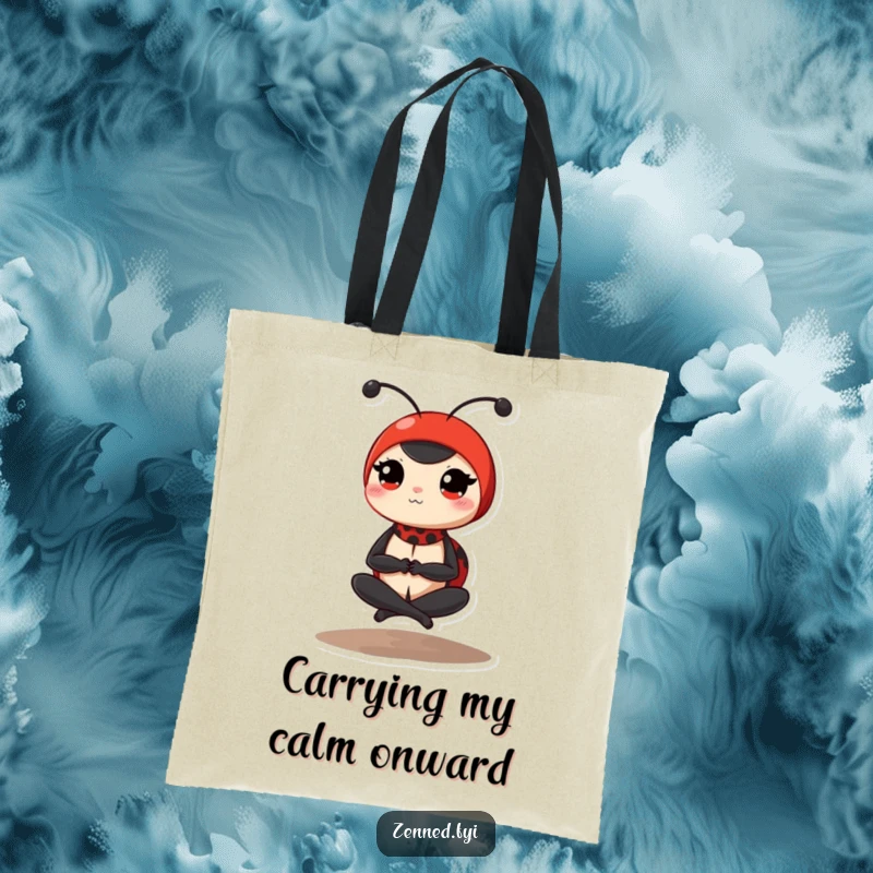 Funny ladybug tote bag with a determined red ladybug in a peaceful, cross-legged yoga pose, ideal for shopping and carrying laughs.