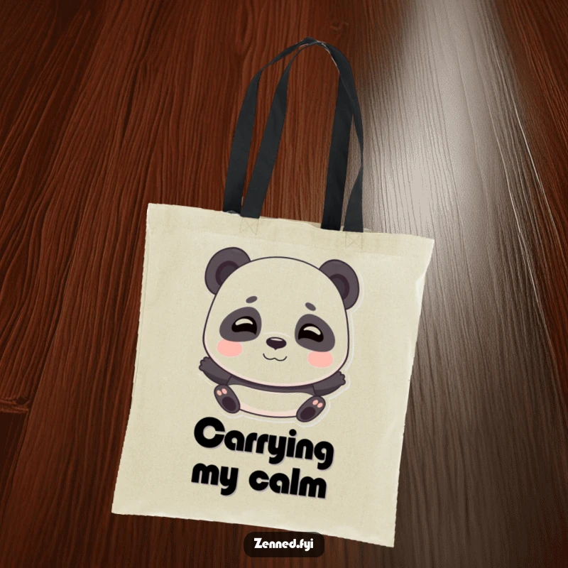 Funny tote bag featuring a playful panda taking deep, calming breaths with a gentle smile, perfect for essentials.