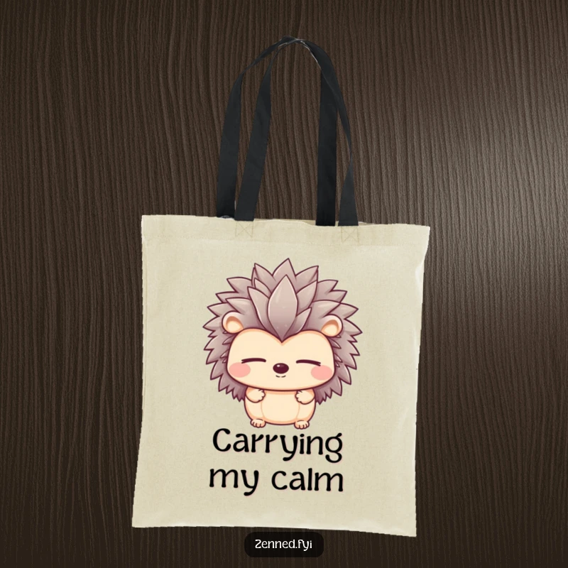Funny tote bag with a peaceful hedgehog character and closed eyes, perfect for carrying essentials serenely.