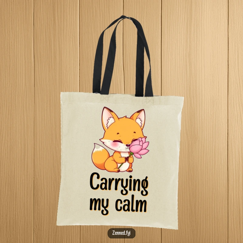 Funny orange fox tote bag, holding a lotus flower gently, serene and stylish, perfect for daily use, a thoughtful funny gift.