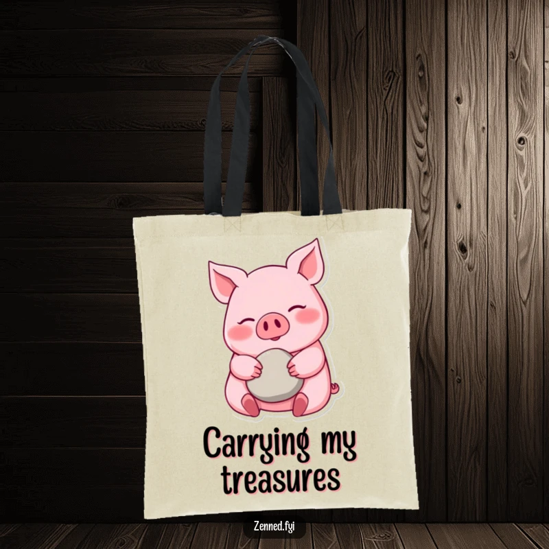 Funny pink pig tote bag, calm demeanor, cradling a smooth pebble, happy and stylish, a charming funny gift.