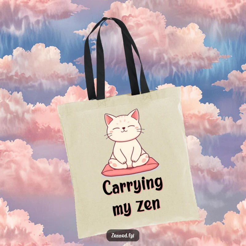 Funny Zen Cat Tote Bag with a meditating cat in lotus pose, perfect for yoga or everyday use, bringing smiles.