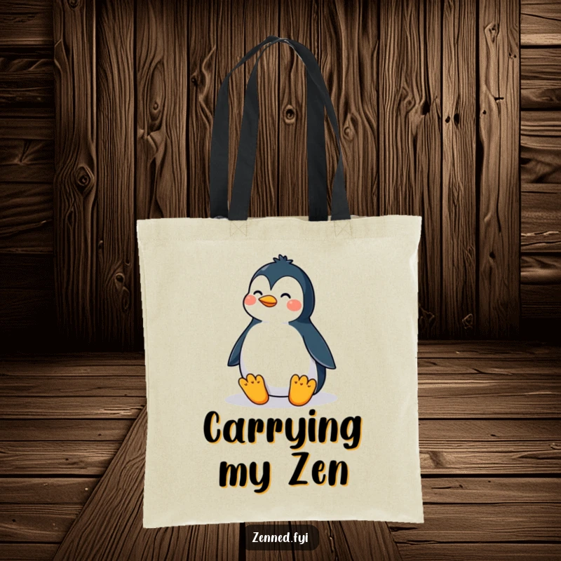 Funny tote bag with a proud penguin in a perfectly balanced meditative posture, perfect for carrying essentials with a peaceful, humorous vibe.