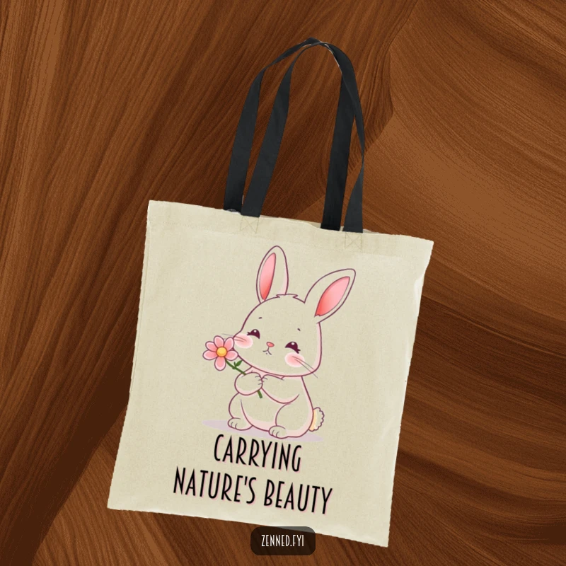 Funny rabbit flower tote bag depicting a serene rabbit holding a tiny blooming flower, ready for errands.