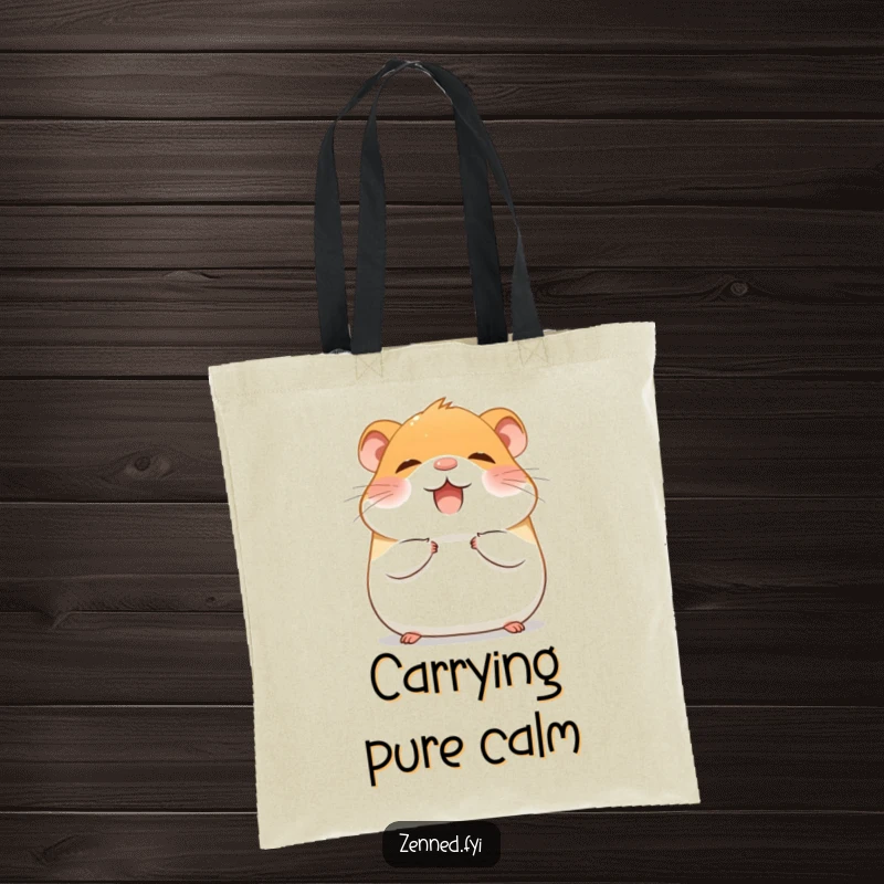 Funny Tote Bag with a giggling hamster finding inner peace, meditating with a tranquil and happy expression.
