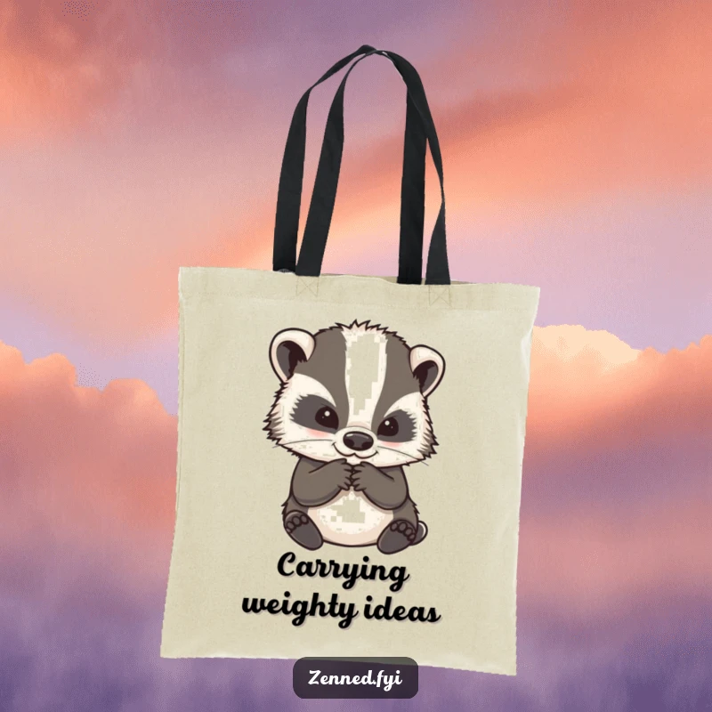 Funny tote bag with a wise badger character stroking its chin in deep contemplation, a humorous and practical accessory.