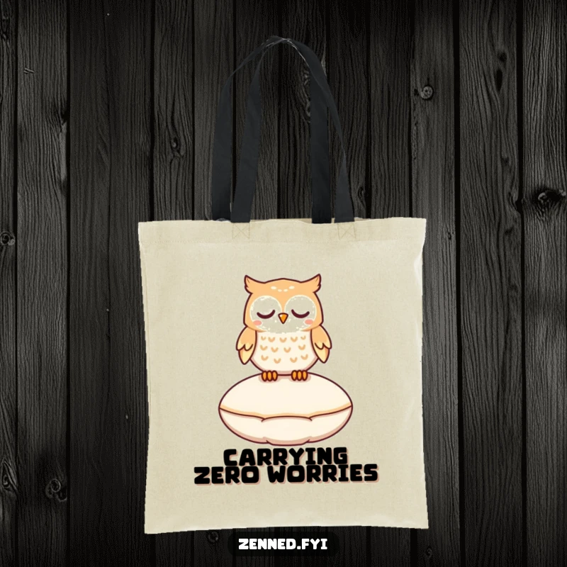 Funny owl character peacefully floating above a cushion, printed on a durable and magical, humorous tote bag.
