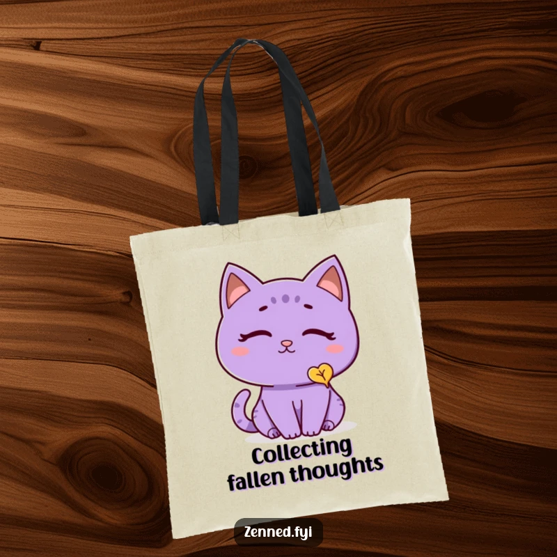 Funny cat tote bag with a thoughtful purple cat in a peaceful state, observing a single falling leaf, great for shopping with humor.