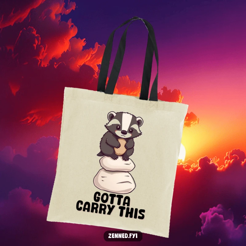 Funny badger balancing on smooth pebbles, depicted on a tote bag, symbolizing determination, funny gift.