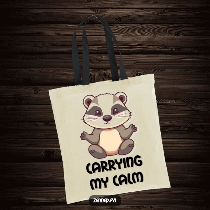 Funny badger zen tote bag, a determined creature meditating, serene gaze, perfect for carrying humor and essentials.