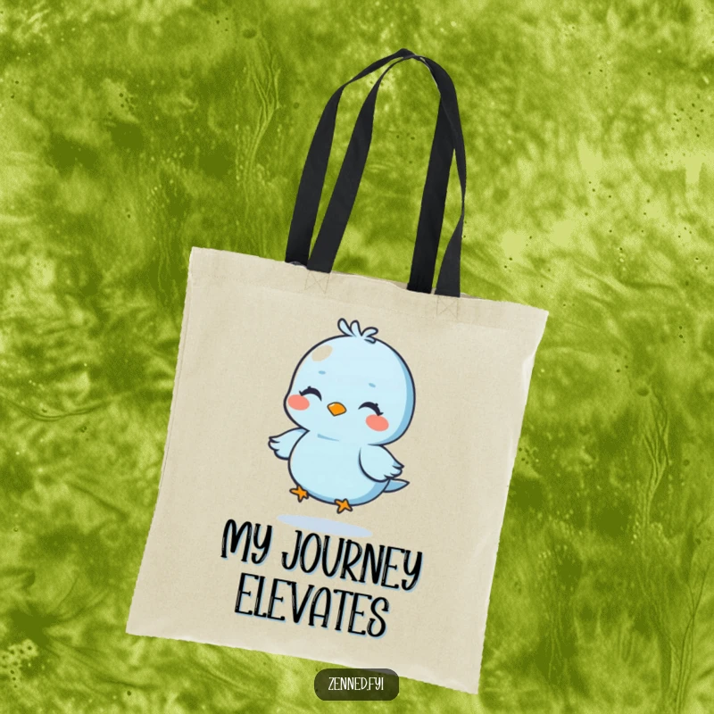 Funny tote bag featuring a serene blue bird meditating while floating, practical and humorous, excellent funny gift.