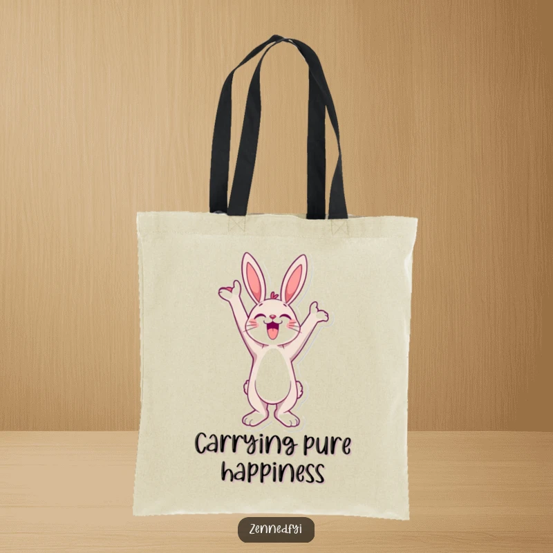 Funny Tote Bag featuring a jubilant bunny character stretching towards the sky, a hilarious symbol of boundless joy.