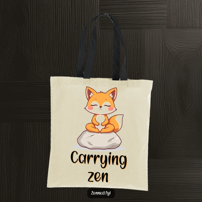 Funny Fox Tote Bag: A cheerful fox meditates on a stone, perfect for carrying daily essentials with peaceful charm.