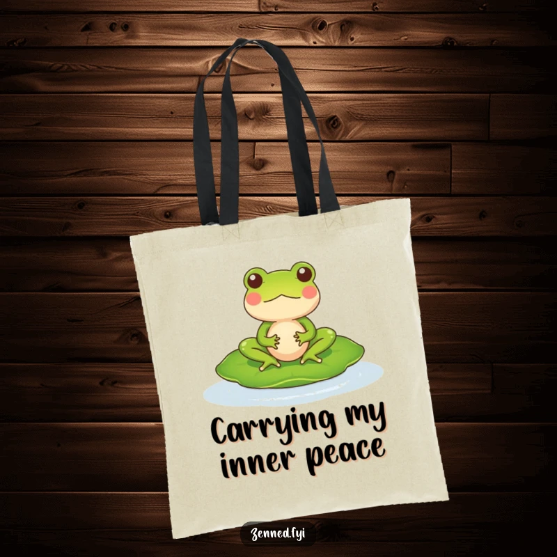 Funny Tote Bag featuring a meditating frog character blissfully floating on a lily pad, a symbol of hilarious peace.