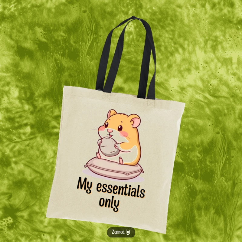 Funny hamster tote bag with a content hamster on a cushion, holding a smooth stone, perfect for carrying calm and joy.