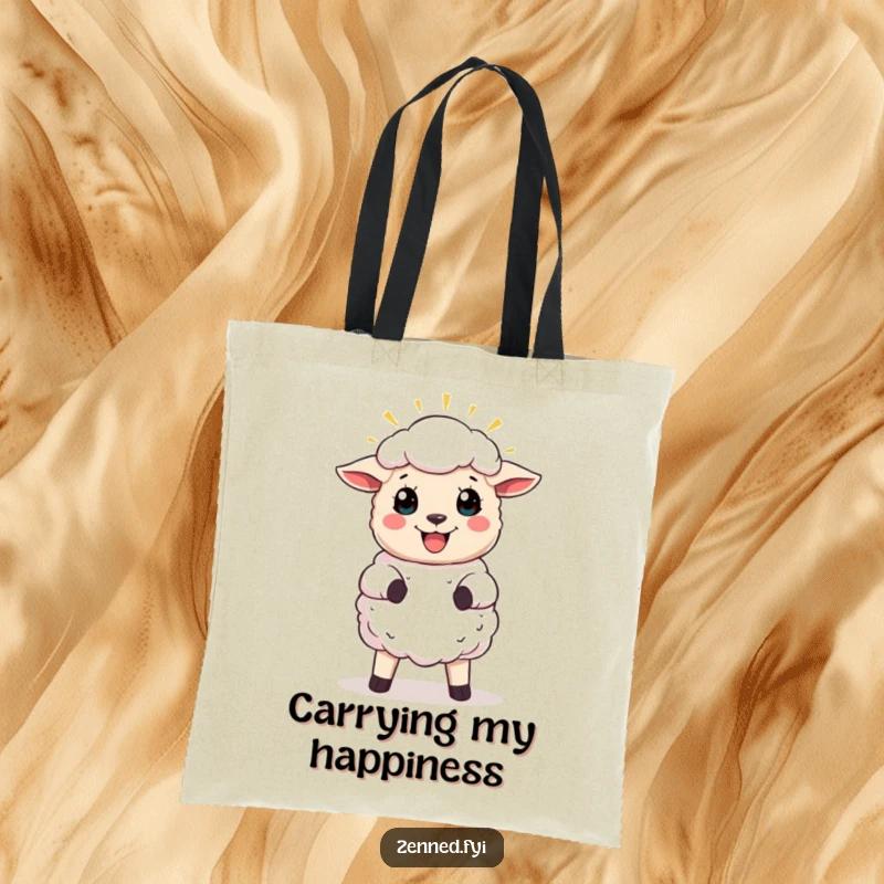 Funny tote bag featuring a joyful sheep character surrounded by a radiant halo, symbolizing peace and heavenly humor.