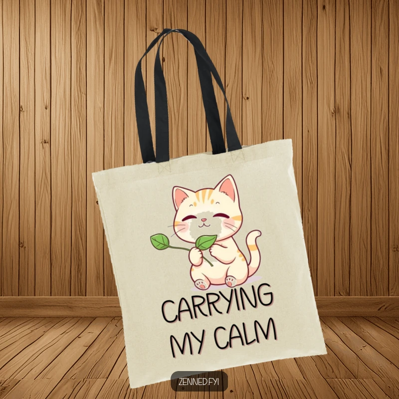 Funny kawaii cat tote bag, a cute illustration of a cat releasing a leaf, perfect for carrying items with a funny touch.