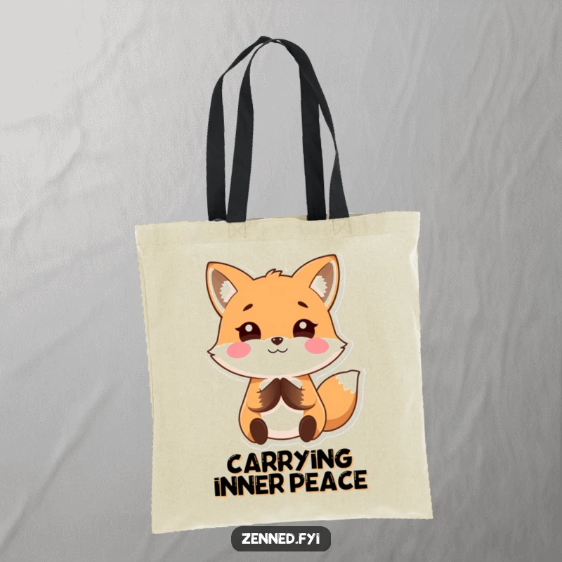 Funny Kawaii fox tote bag featuring a calm, smiling character with hands pressed together, perfect for everyday use and a humorous gift.