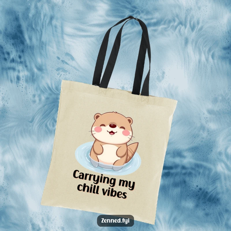 Funny Kawaii otter tote bag with a peaceful floating character, ideal for shopping and a humorous, cute gifting option.