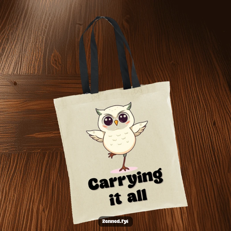 Funny kawaii owl tote bag, featuring a cute owl balancing on one leg, perfect for carrying items with a funny, whimsical flair.